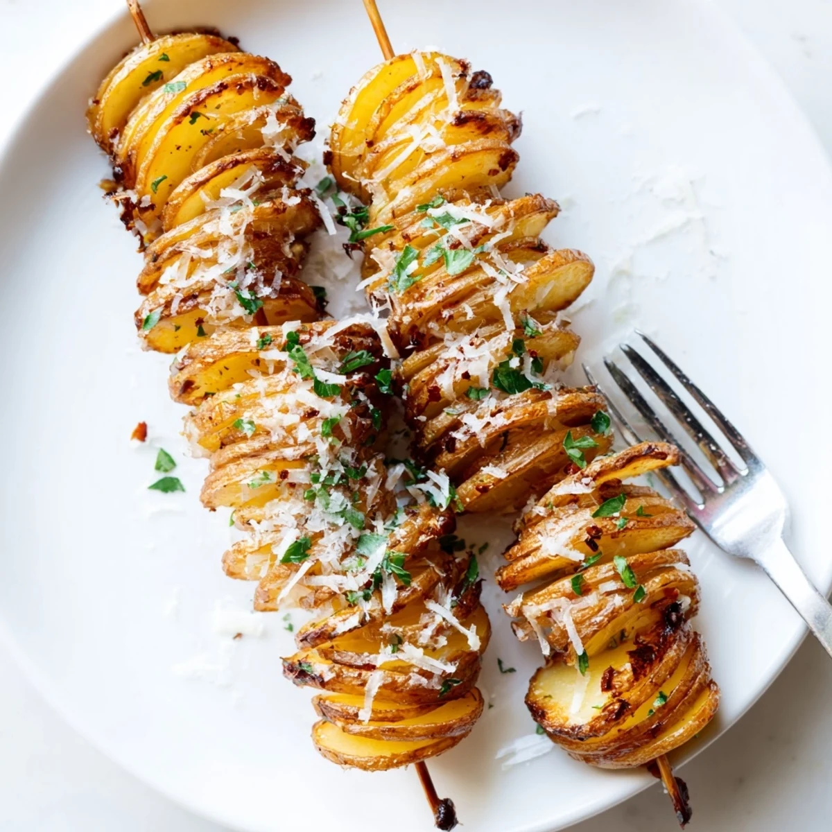 Golden-brown air-fryer tornado potatoes topped with Parmesan and fresh herbs, perfect for sharing.  