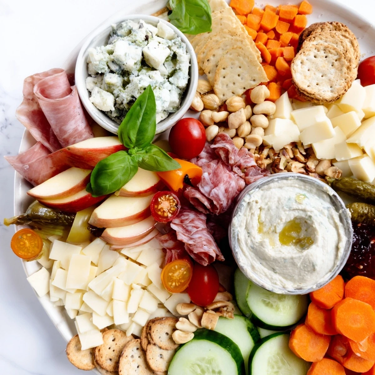 A vibrant Girl Dinner Platter showcasing cheeses, fruits, and colorful vegetable sticks.  