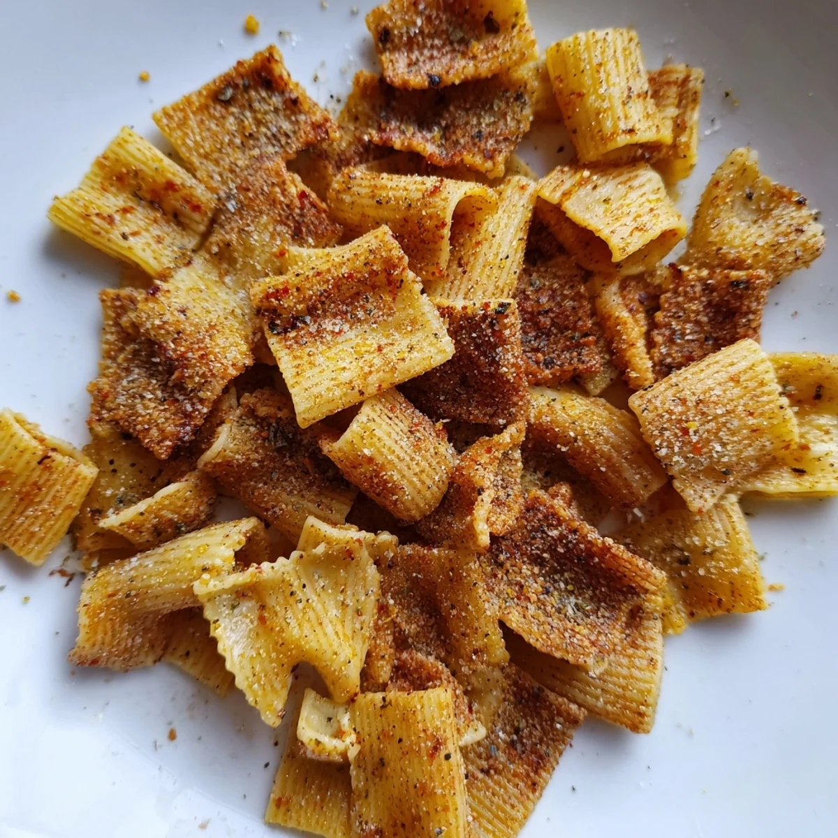 Golden brown Pasta Chips Seasoned Variety, a perfect crunchy snack for gatherings.