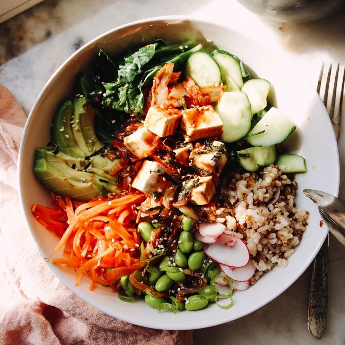 Tangy fermented vegetable bowl bursting with flavor, featuring kimchi and vibrant veggies.  