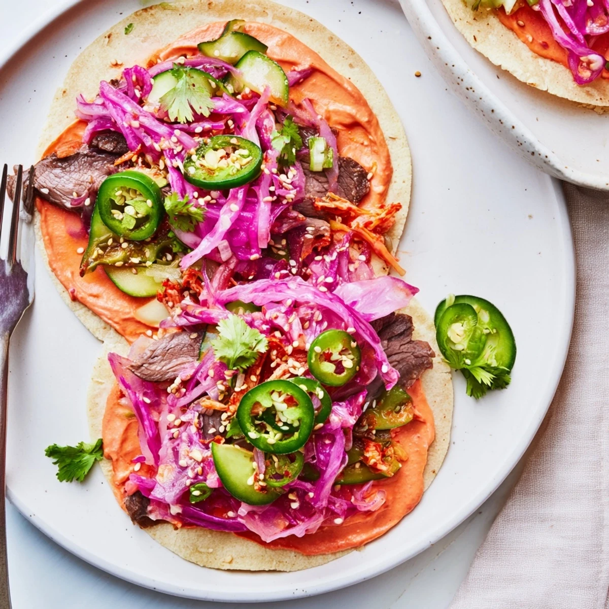 Vibrant Global Street-Food Fusion Tacos loaded with kimchi and ube crema.  