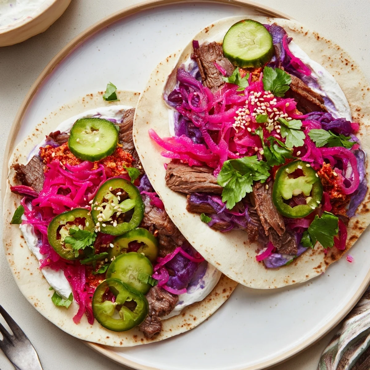 Colorful bowls bursting with flavor from Korean beef, toppings, and ube crema.  