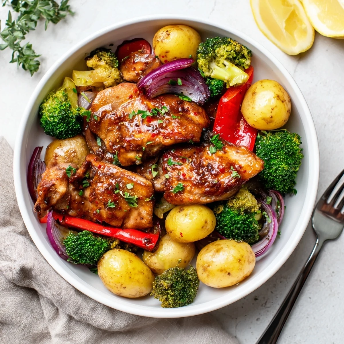 Satisfying Lazy Gourmet Chicken & Vegetable One-Pot served with parsley and fresh lemon wedges.