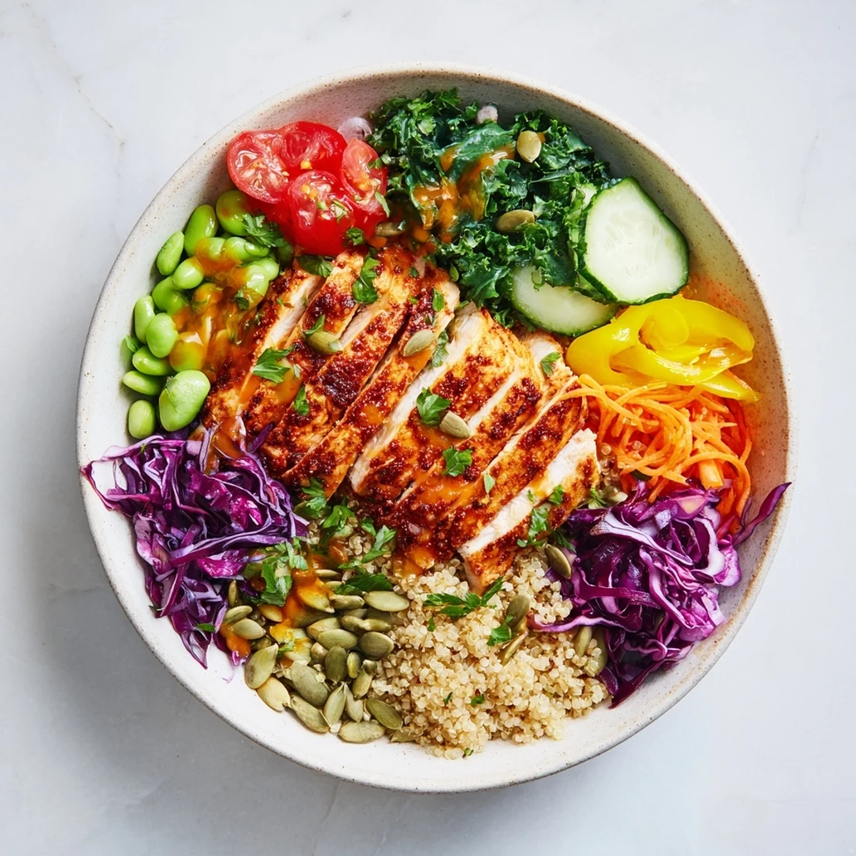Colorful healthy meal-prep bowls filled with quinoa, chicken, and fresh veggies.  