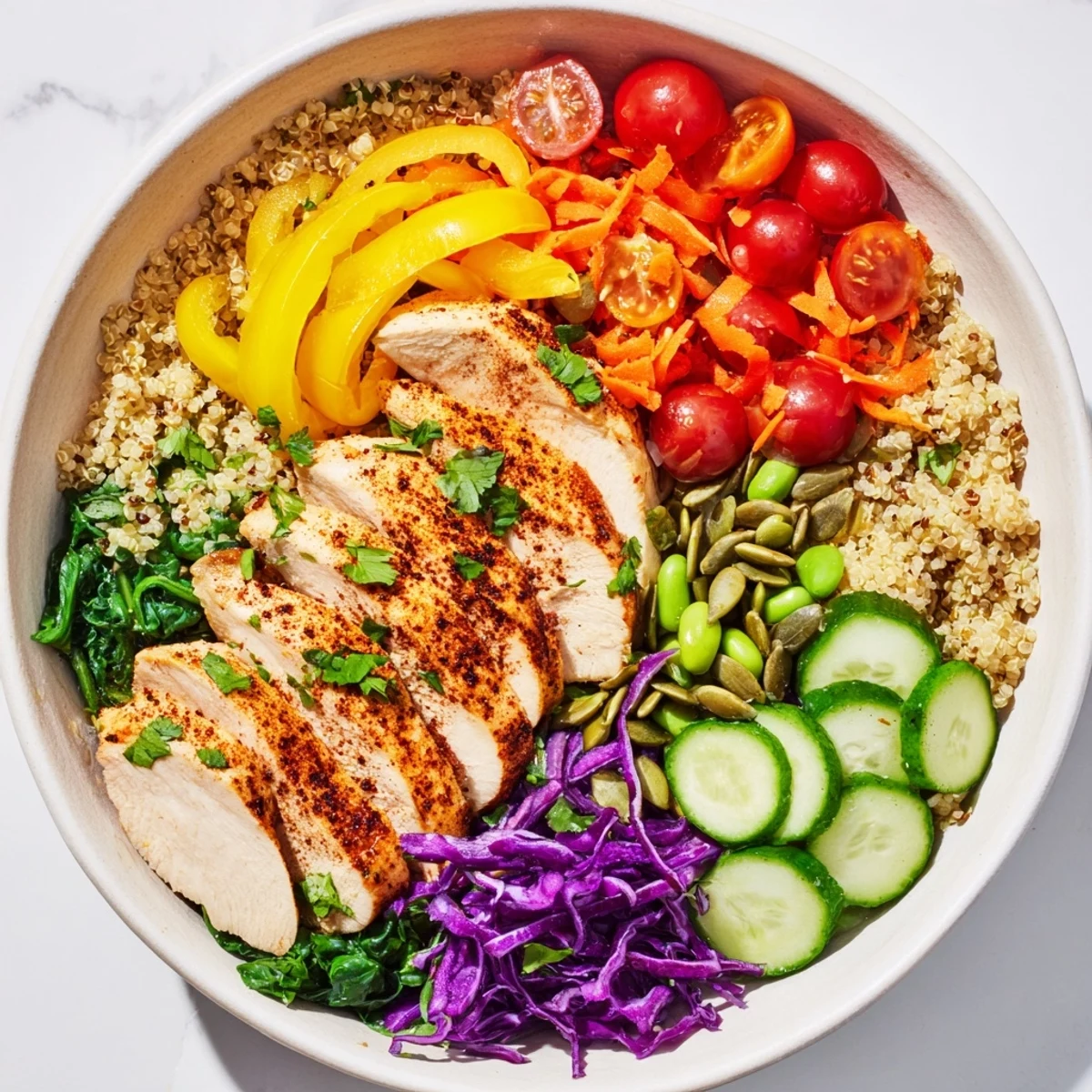 Vibrant healthy meal-prep bowls showcasing layered veggies and protein-rich chicken slices.  
