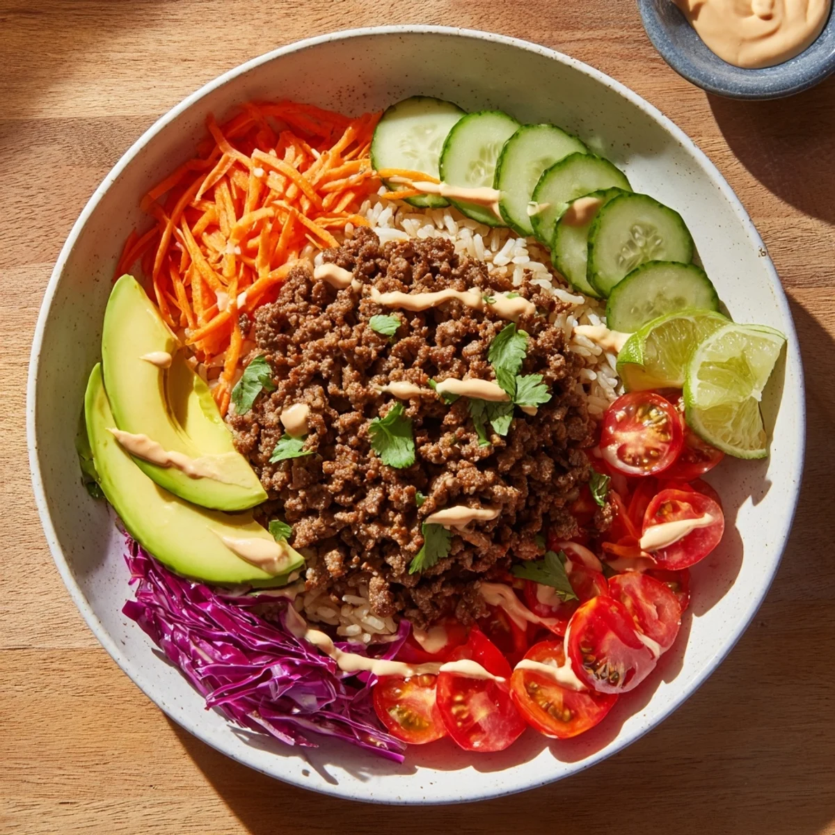 Vibrant plant-based meat bowl topped with fresh veggies and spicy mayo drizzle.  