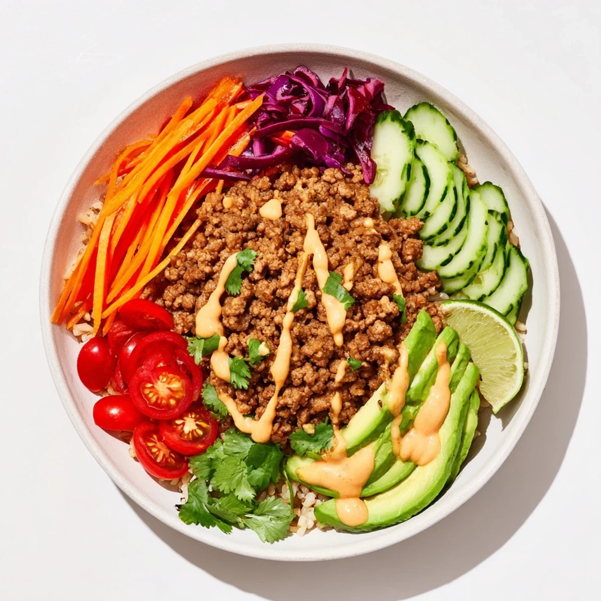 Delicious plant-based meat bowl with colorful toppings and zesty lime wedges.  
