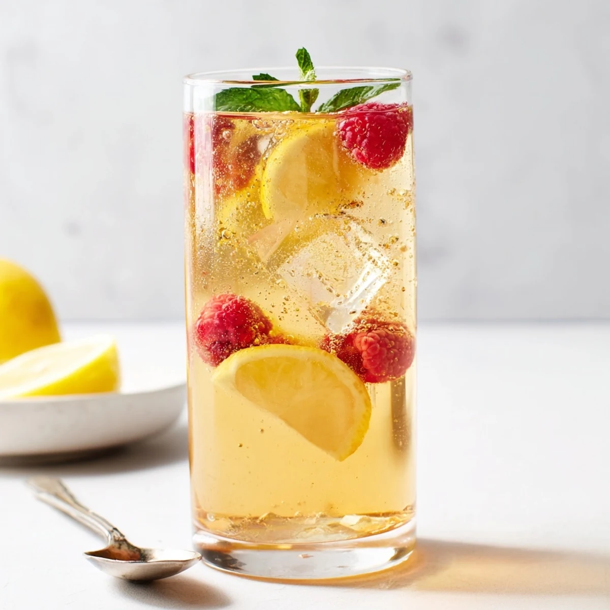 Refreshing kombucha-style home-brew mocktails garnished with fresh fruits and herbs.  