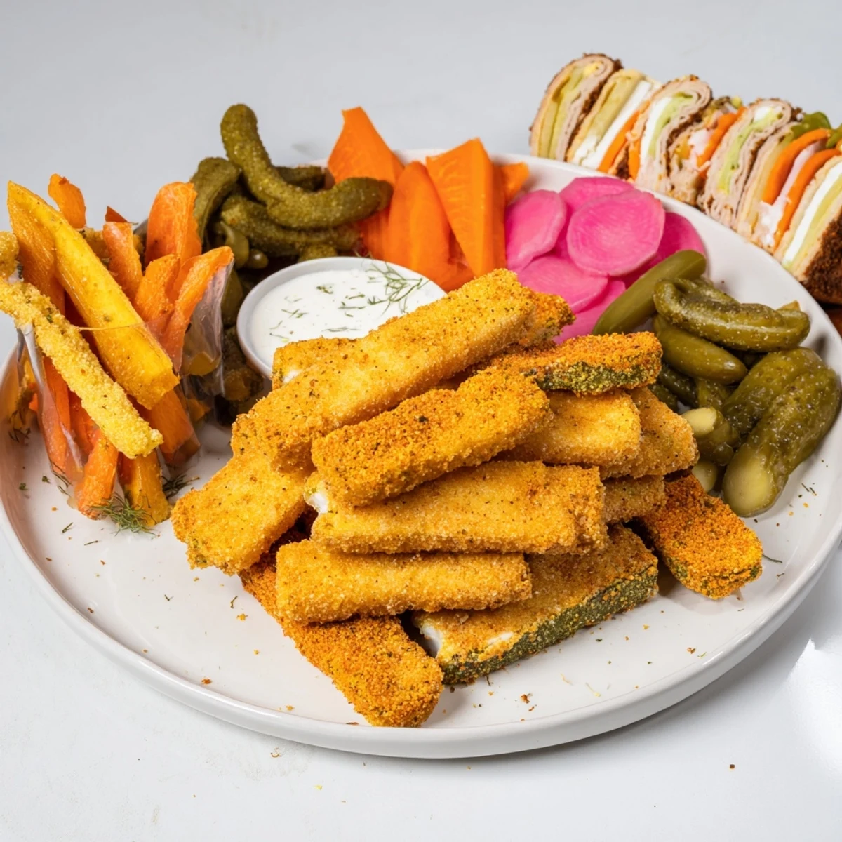 Crispy fried pickles served with vibrant pickled vegetables for pickle lovers' delight.  
