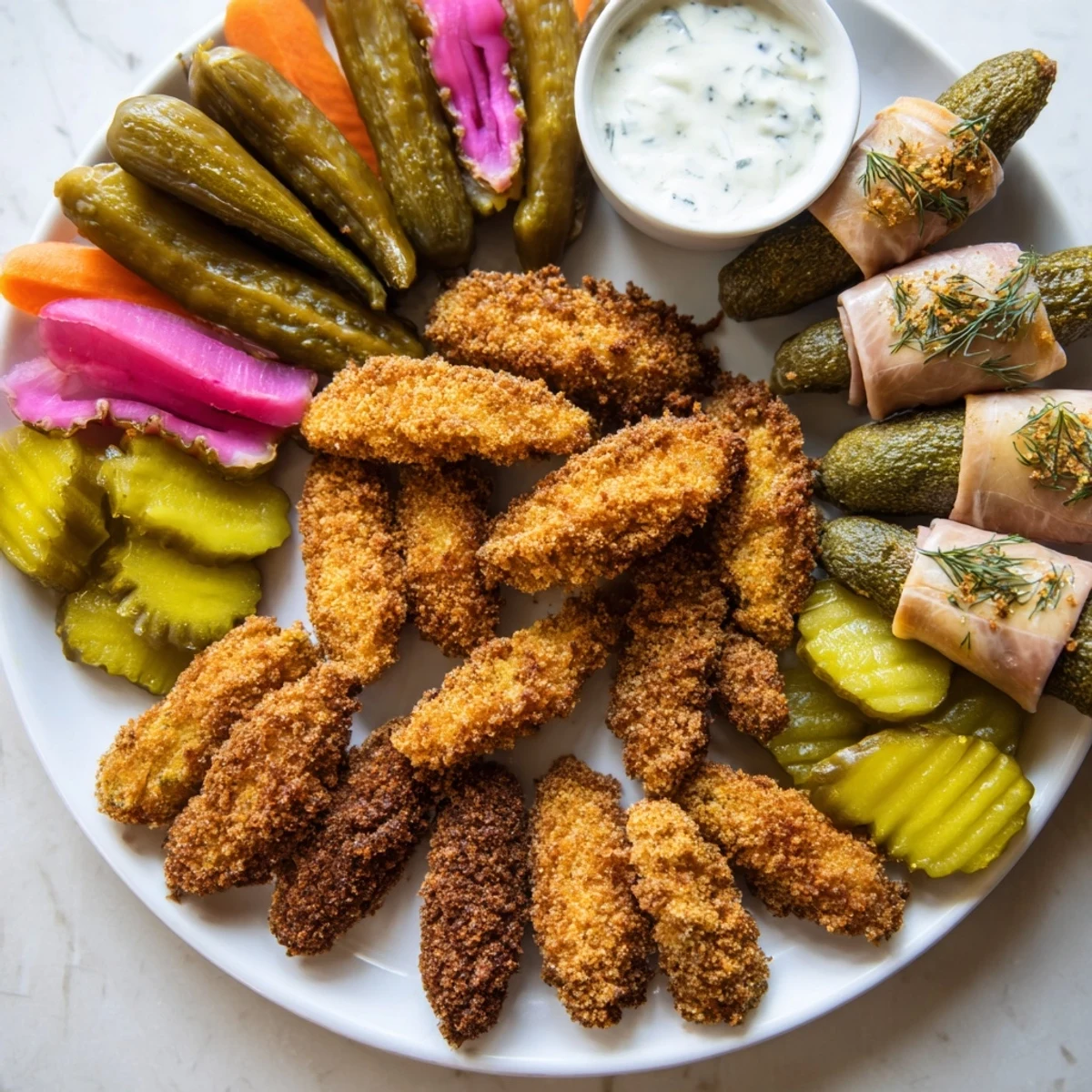 A colorful platter of pickle lovers meal with cheesy wraps and tangy dips.  