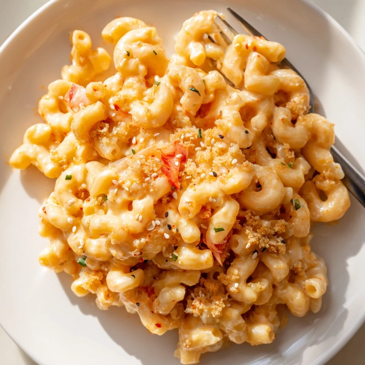Creamy Spicy Kimchi Mac & Cheese topped with crispy panko and sesame seeds.  