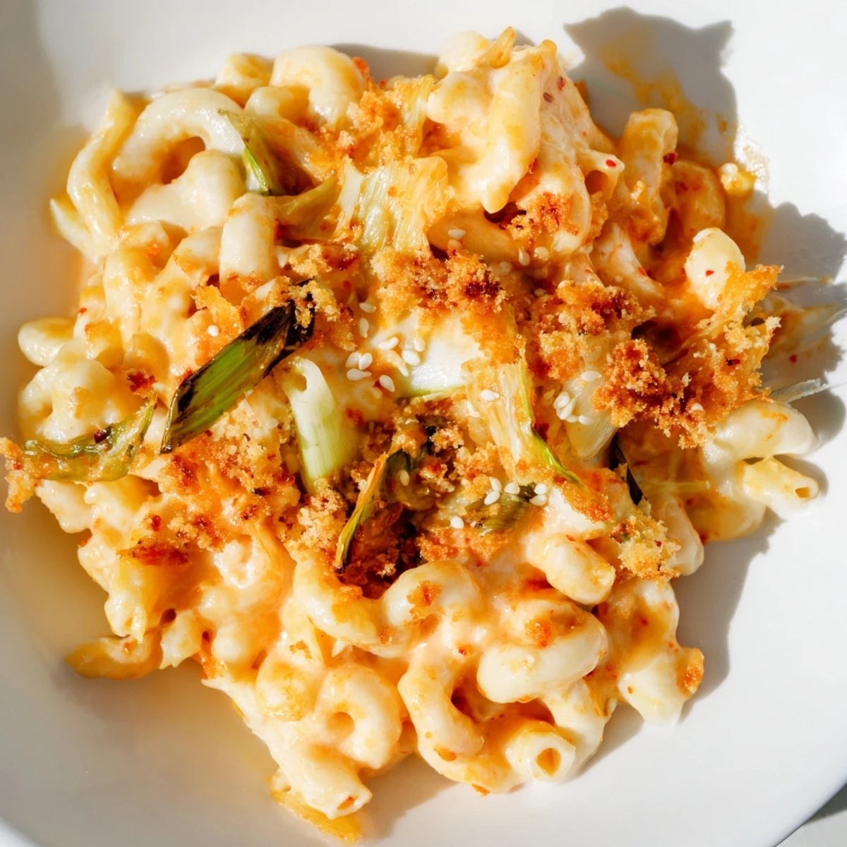Flavorful Spicy Kimchi Mac & Cheese baked until golden brown and bubbling.  