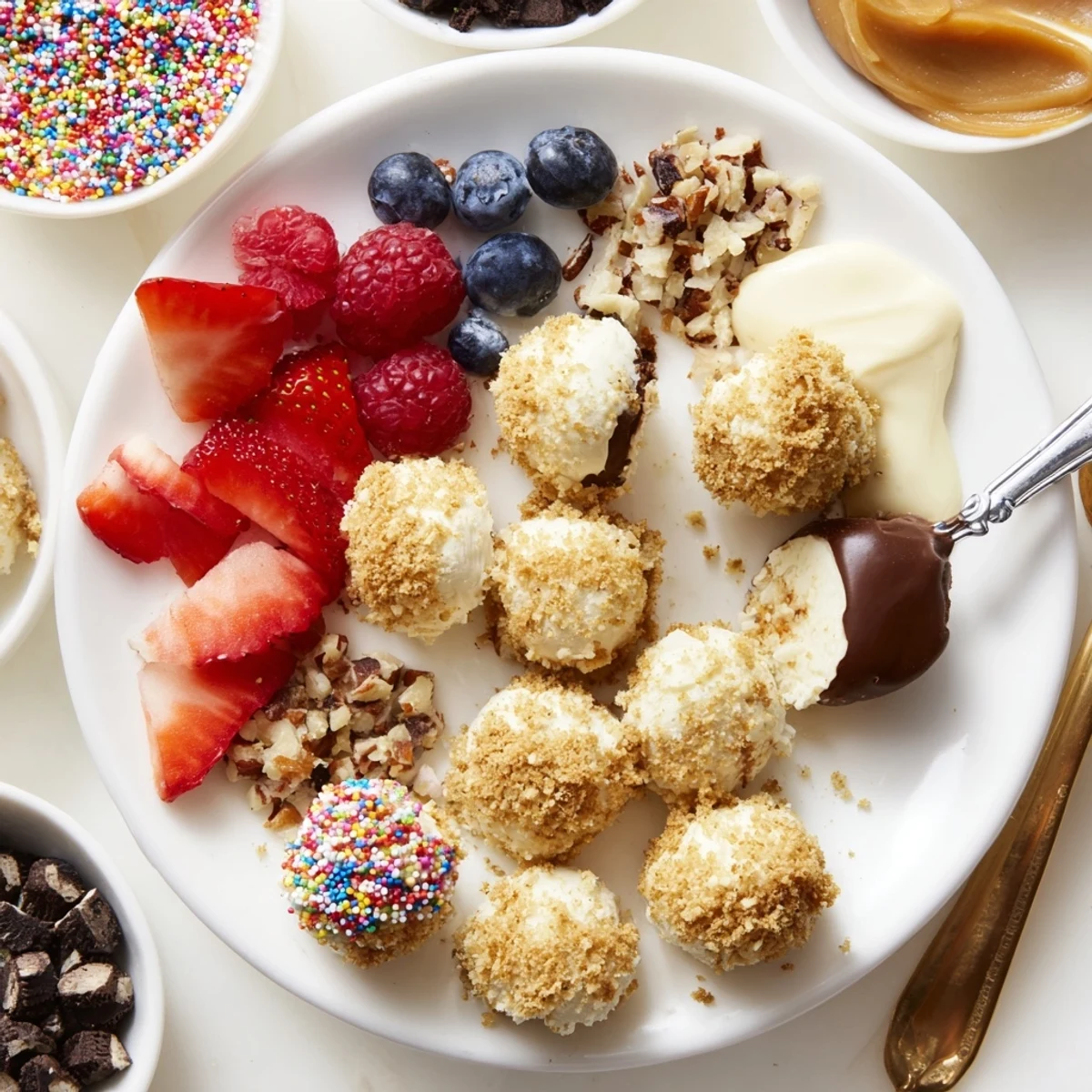 Delightful deconstructed dessert board showcasing cheesecake bites with vibrant toppings.  