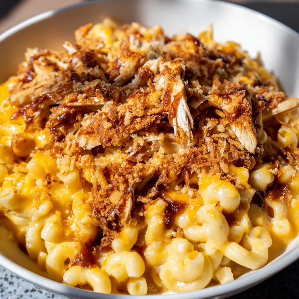Creamy classic mac & cheese topped with smoky BBQ chicken, baked until bubbly.
