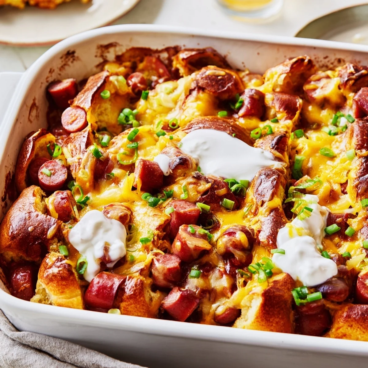 Delicious chili dog casserole topped with melted cheese, perfect for family dinners.  