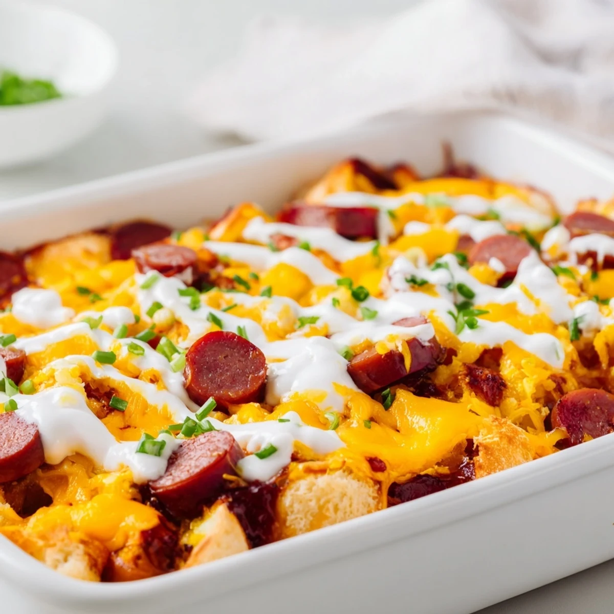 Baked chili dog casserole with savory hot dogs and creamy cheddar, a crowd favorite.  