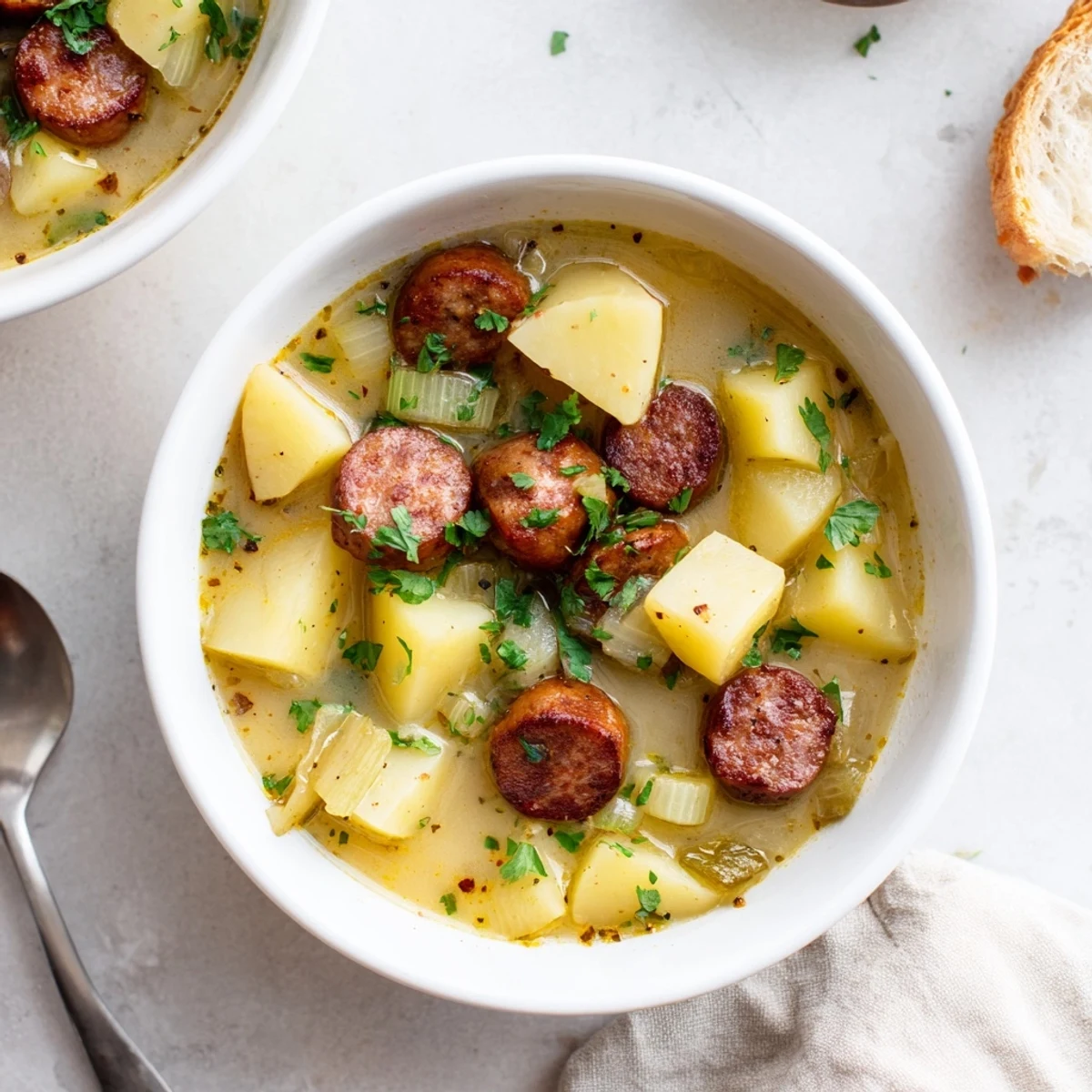 Creamy Potato, Leek & Chorizo Soup highlighting vibrant colors and hearty ingredients.