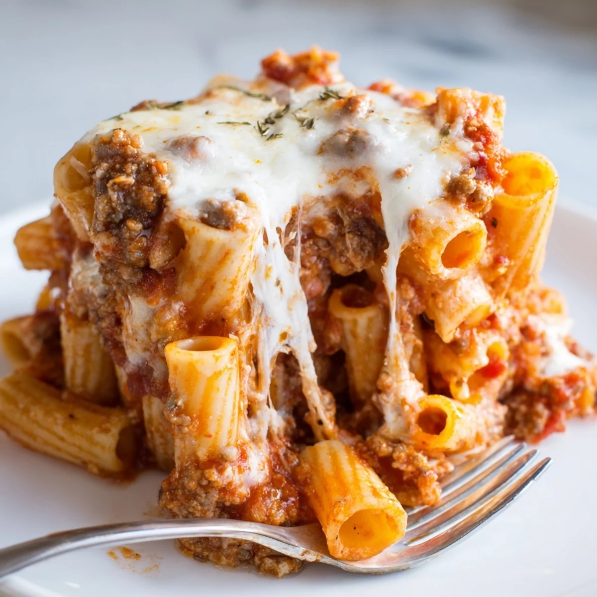 Baked ziti with meat sauce fresh from the oven, topped with bubbling mozzarella cheese.  
