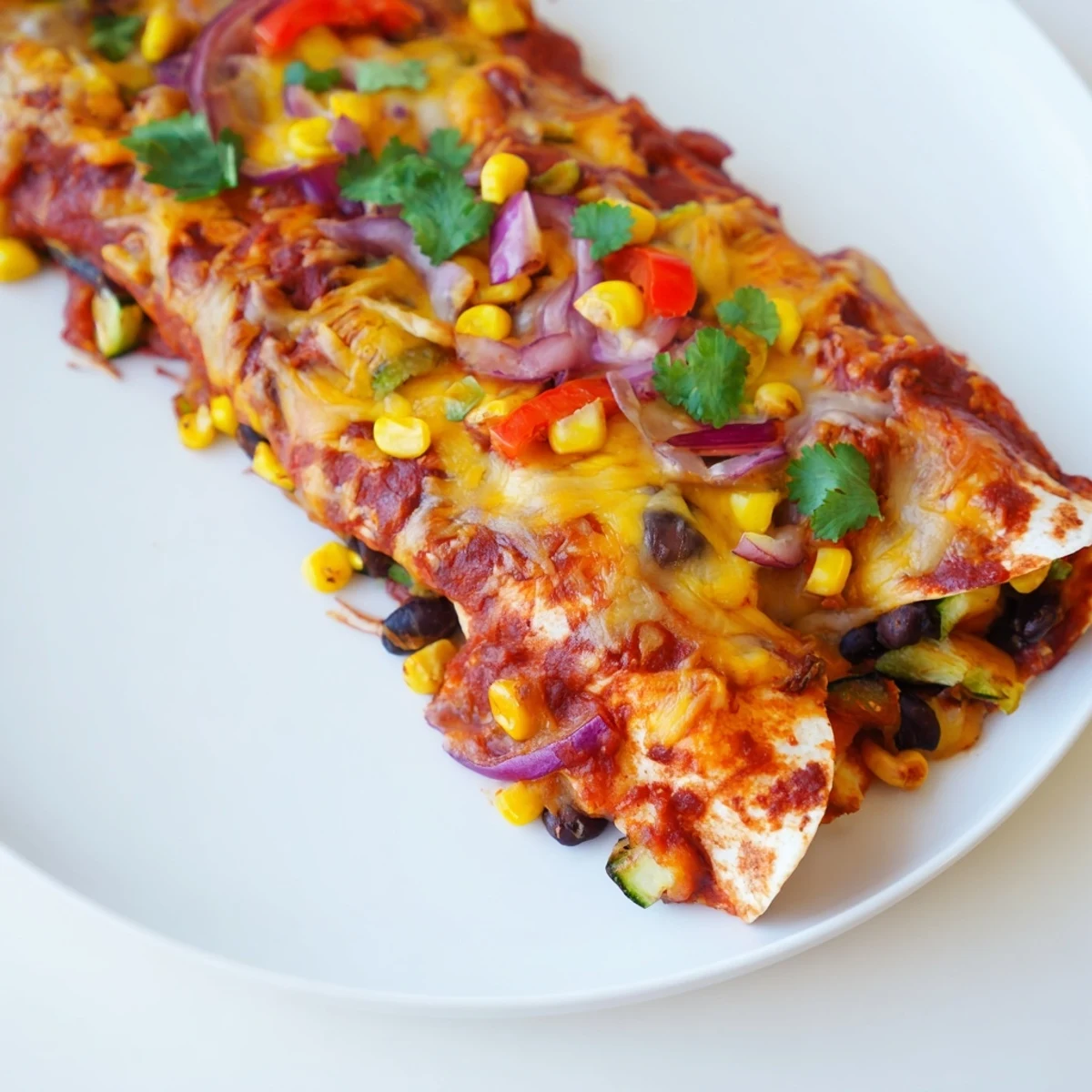 A close-up shot of cheesy Farmers Market Vegetarian Enchiladas, filled with colorful vegetables, perfect dinner.