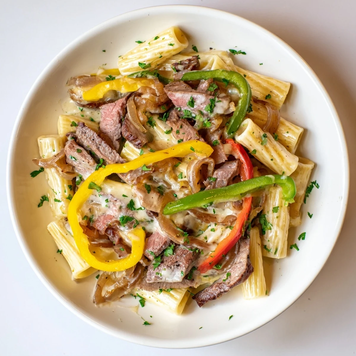 A visually appealing Philly Cheesesteak Pasta with tender steak, peppers, and creamy cheese sauce atop penne.