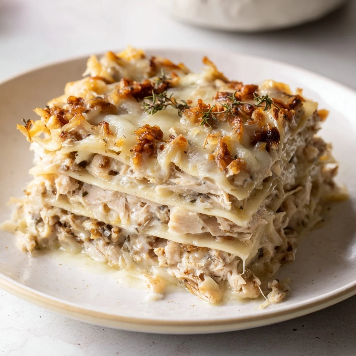 A bubbling pan of Rosemary Chicken Lasagna topped with melted mozzarella and Parmesan, ready to serve.