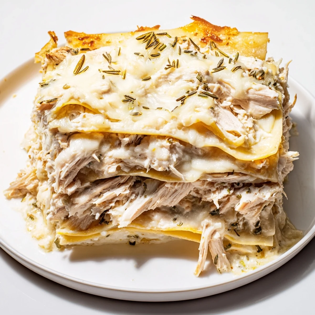 Imagine a close-up of this delicious Rosemary Chicken Lasagna, with layers of cheese and savory chicken.