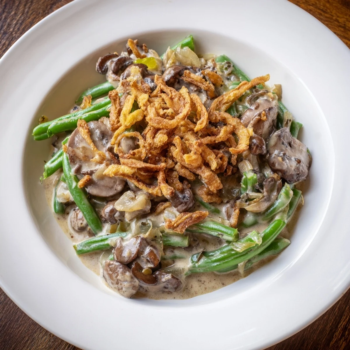 A bubbly, golden brown Old-School Green Bean Casserole topped with crispy fried onions, ready to serve.