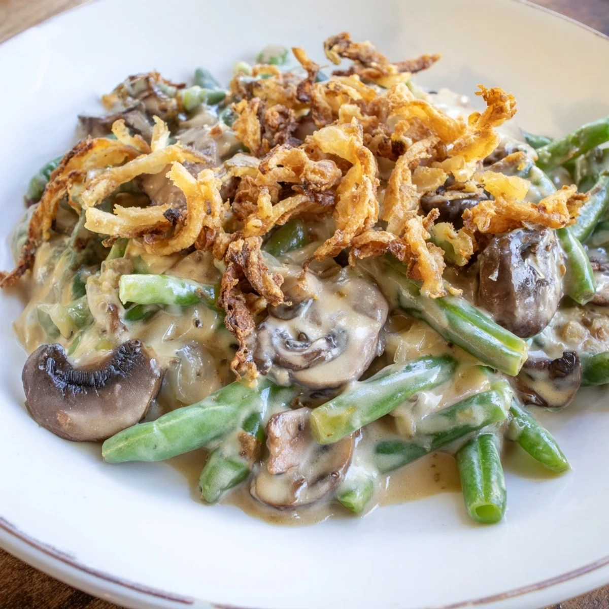 Creamy Old-School Green Bean Casserole with tender beans and crispy onions, perfect for a cozy dinner.