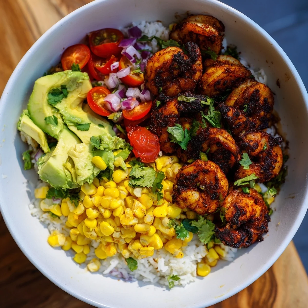 Perfectly plated blackened shrimp bowl with fresh cilantro, a Southwestern flavor explosion.