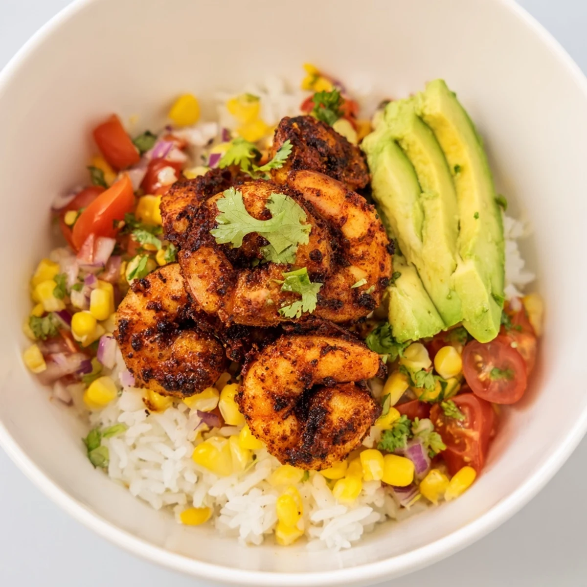 A delicious close-up: creamy avocado salsa over spicy blackened shrimp bowls, ready to eat.