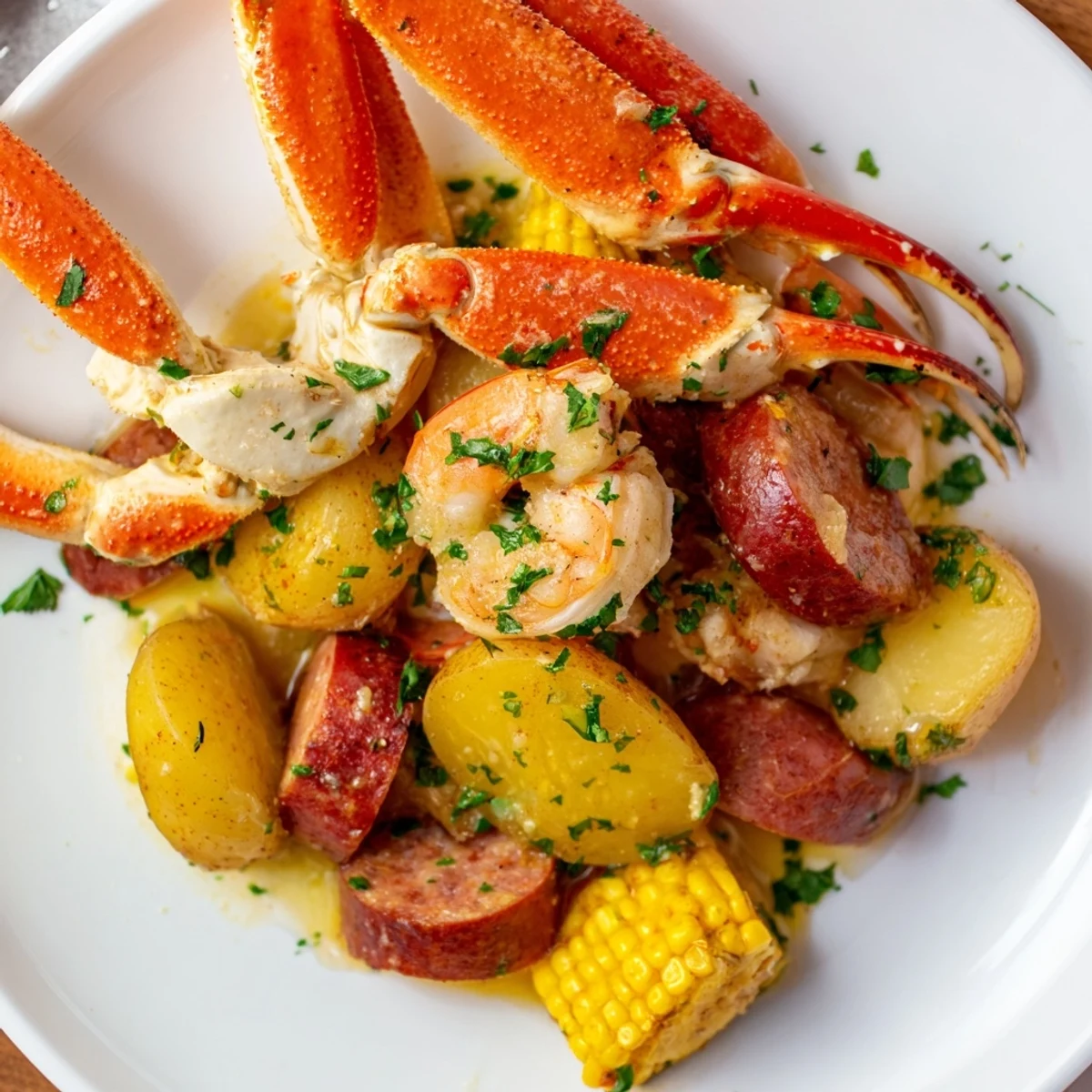 Steaming hot seafood boil with crab legs, shrimp, sausage, and corn on a platter, ready to eat.