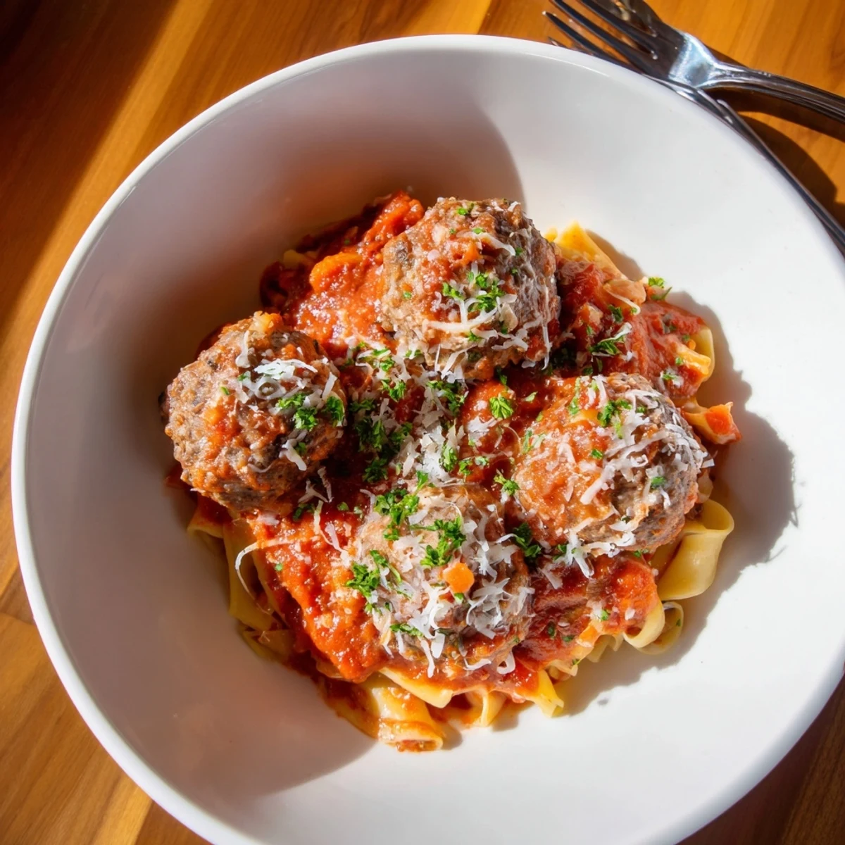 A close-up of a skillet filled with flavorful Italian Meatball Pasta with golden meatballs and red sauce.