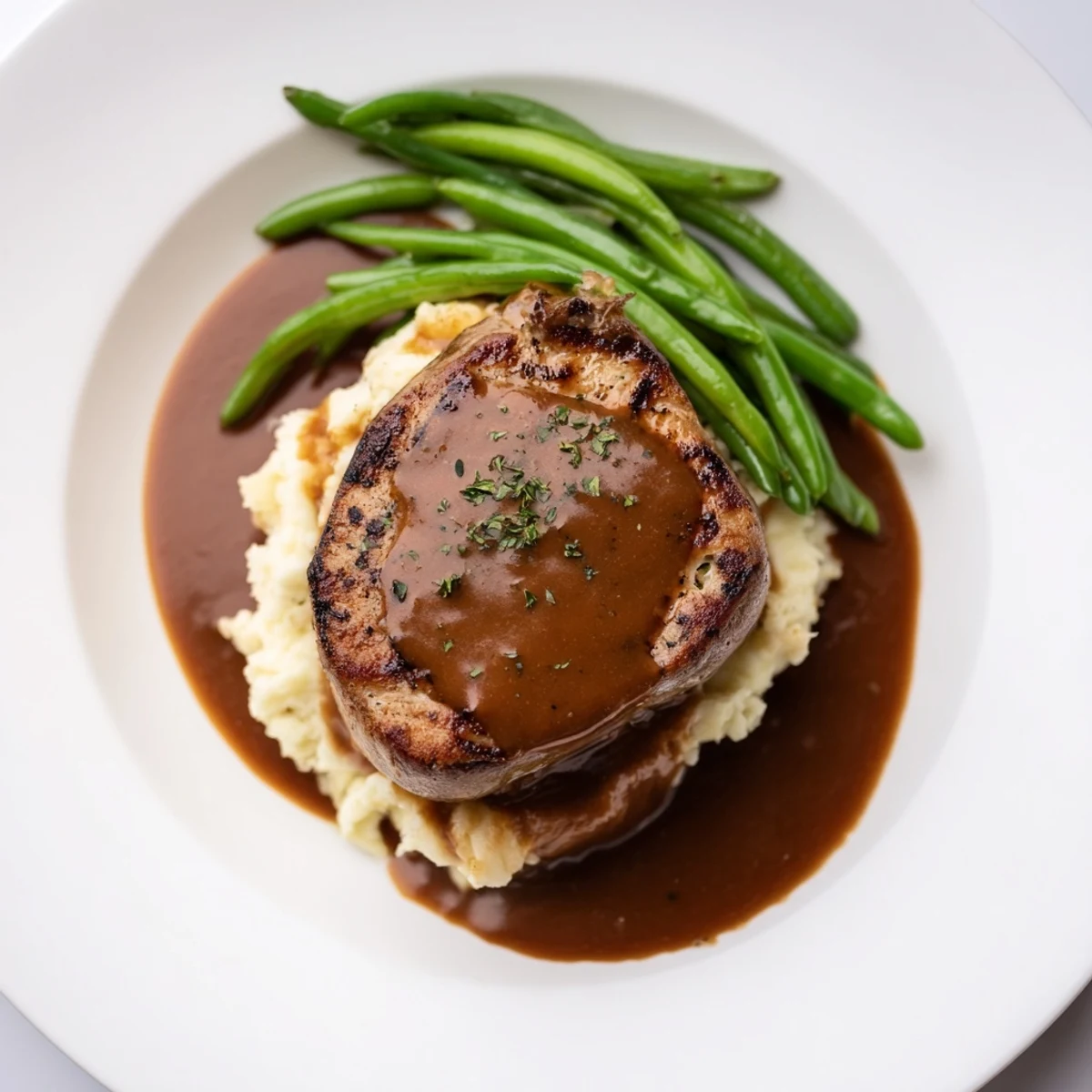 Golden-brown Pork Chops & Cheddar Mash Bowl with creamy mashed potatoes and rich gravy, ready to eat.