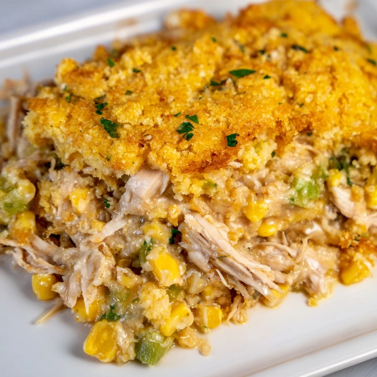 Golden, bubbly Southern Cornbread Chicken Casserole, a hearty family meal with tender chicken.
