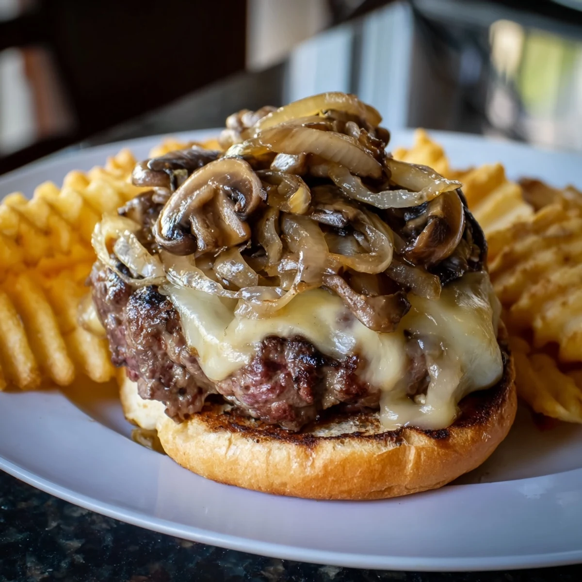 Golden waffle fries accompany a hearty Mushroom Swiss Burger, a classic American comfort food combination.