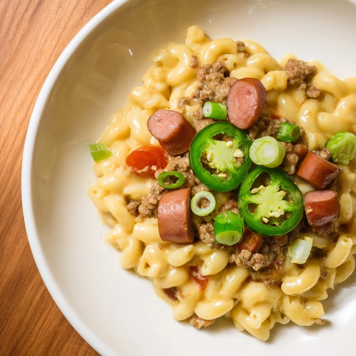 A bubbling baking dish of Chili Cheese Dog Mac & Cheese with golden, melted cheese.
