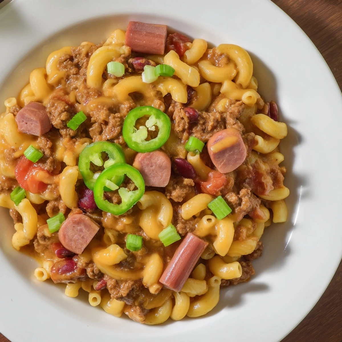 Close-up of Chili Cheese Dog Mac & Cheese, a hearty blend of flavors and textures, ready to enjoy.