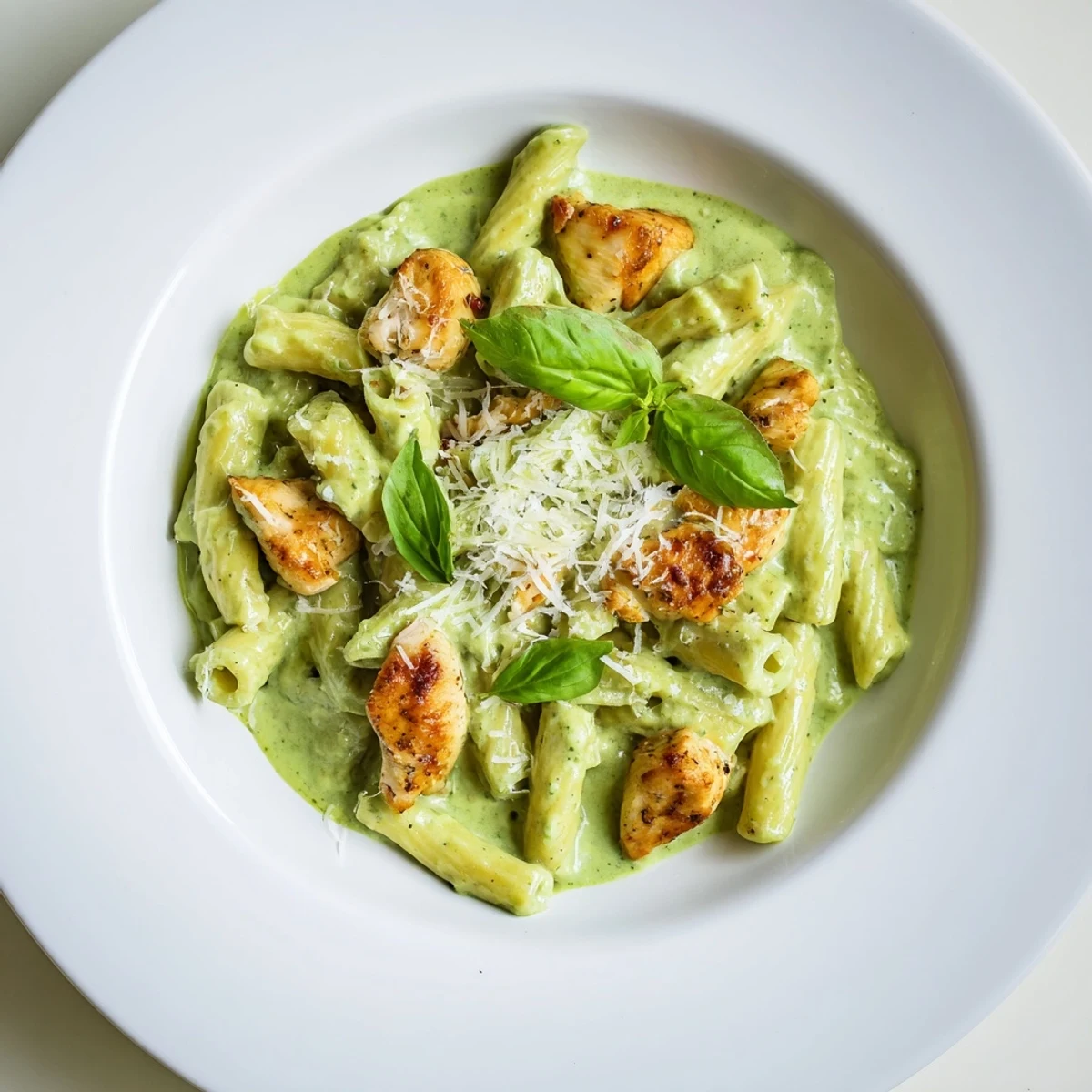 Imagine the savory creamy pesto penne & chicken; a hearty meal with fresh basil, Parmesan, and perfectly cooked pasta.