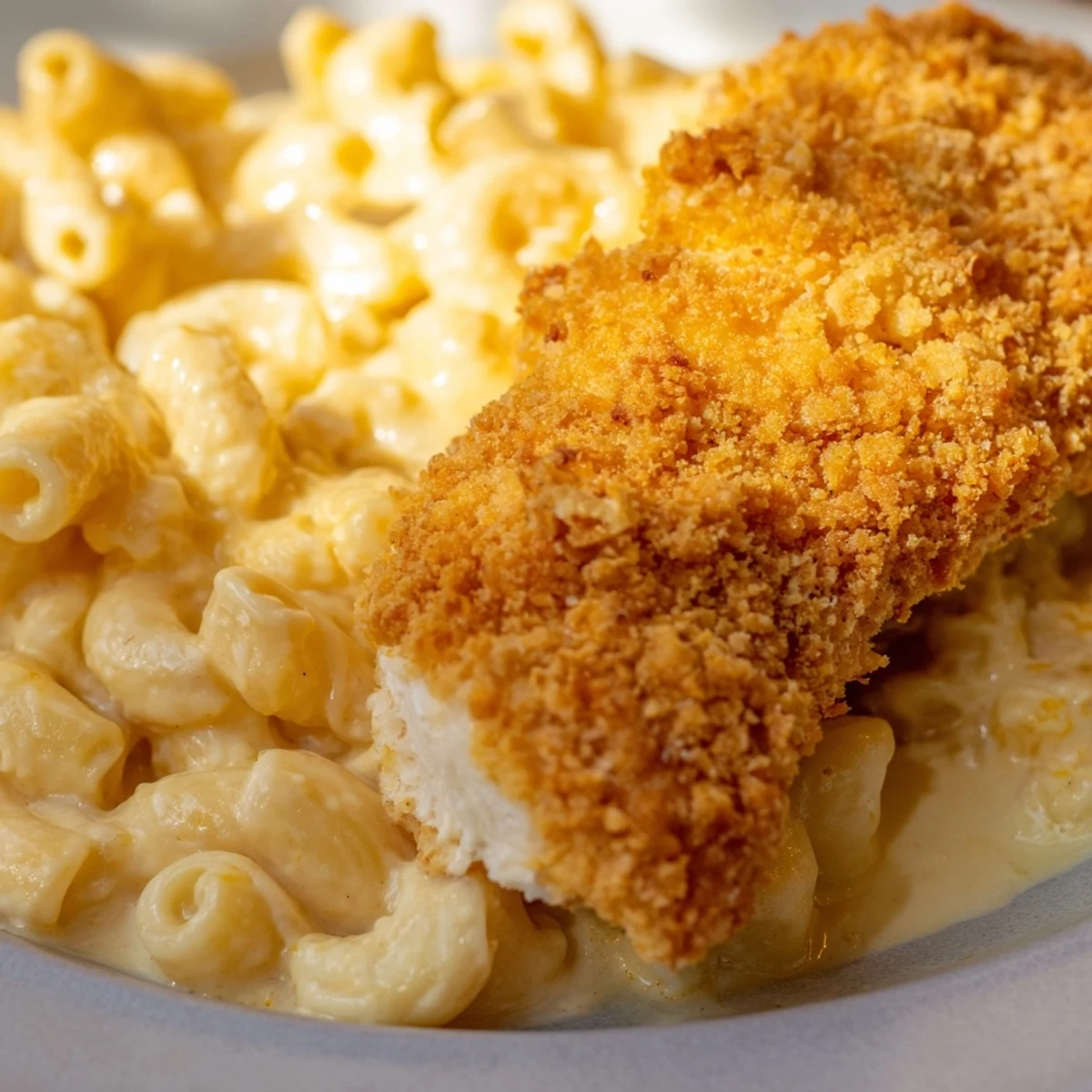 A plate of crispy chicken tenders sits next to velvety macaroni and cheese, ready to be enjoyed.