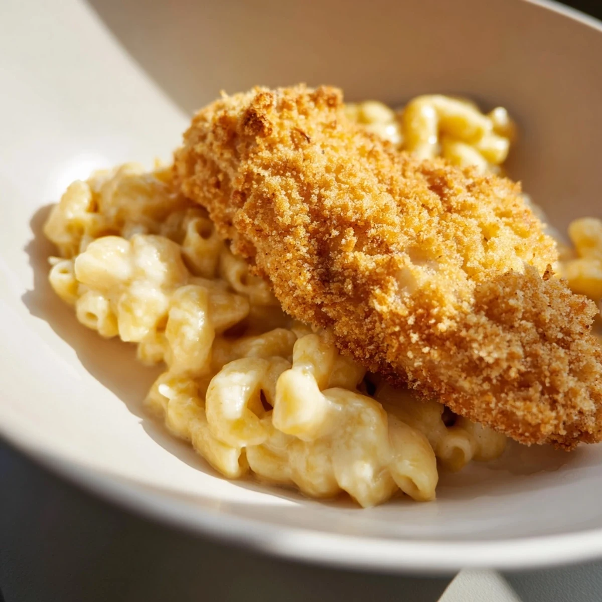 Crispy golden chicken tenders paired with creamy macaroni and cheese, a comforting American classic.