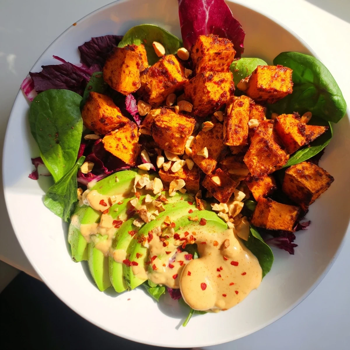 Vibrantly colored Spiced Peanut Sweet Potato & Radicchio Salad Bowl, garnished with fresh cilantro and crunchy peanuts.