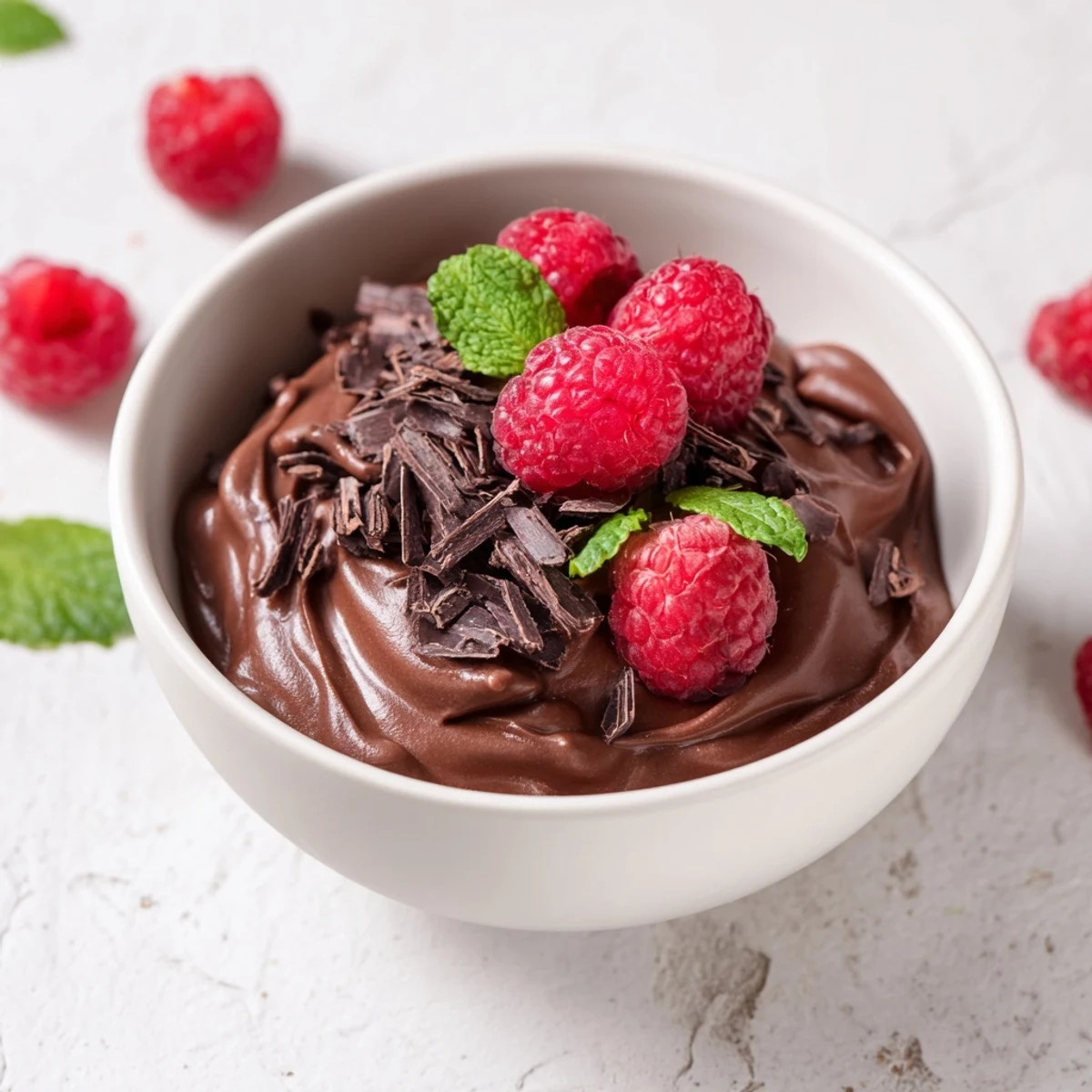 Silky dark Avocado Chocolate Mousse topped with vibrant red raspberries, perfect dessert.
