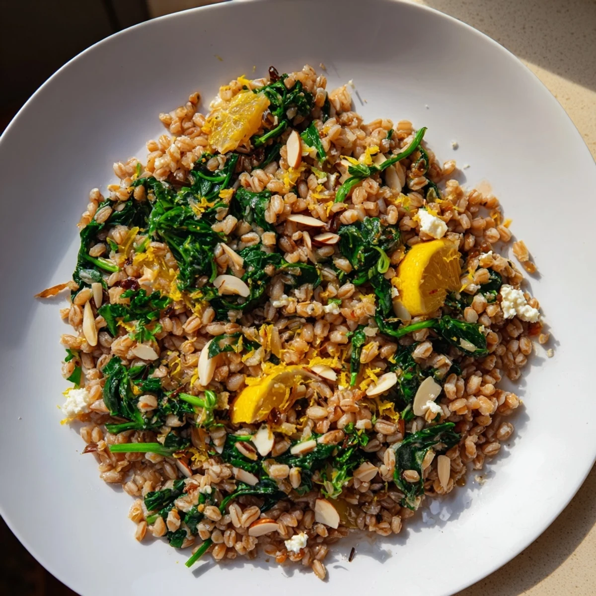 This Warm Farro & Greens Pilaf boasts fluffy farro, wilted greens, and crunchy toasted almonds on top.
