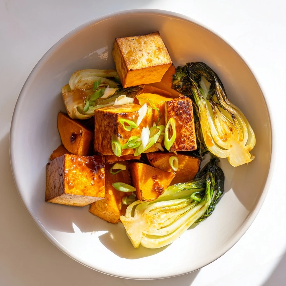 A close-up view of Miso-Glazed Tofu and squash, a flavorful dish garnished with scallions.