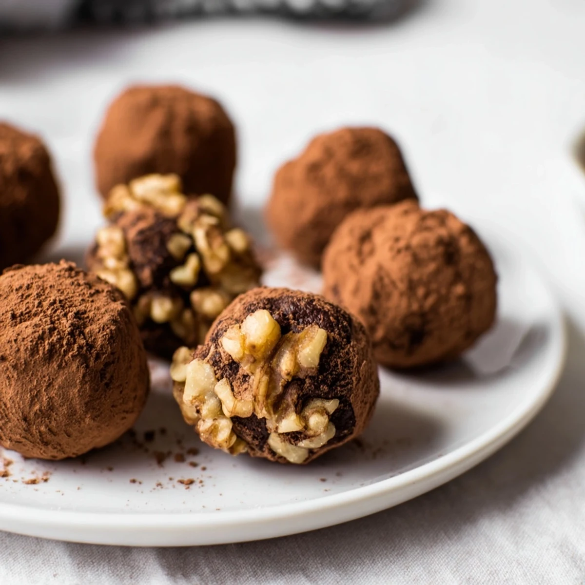 Homemade Date & Walnut Truffles, a vegan treat perfect for gifting, photographed on a serving plate.