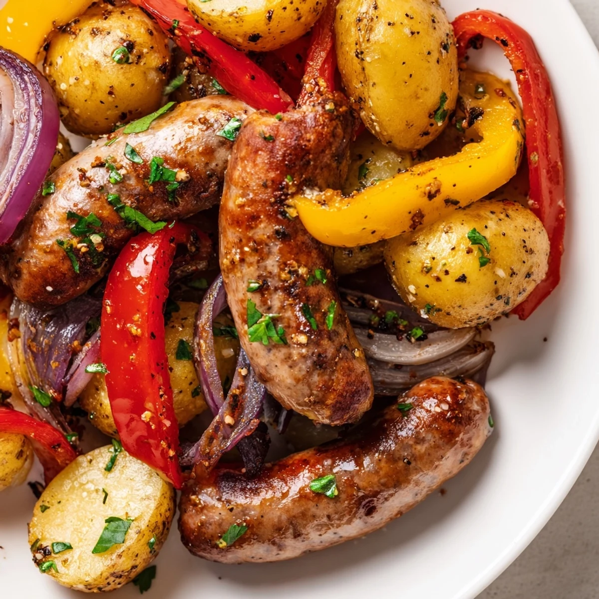 Vibrant image of Sheet-Pan Sausage with Peppers showcasing sausage and tender, caramelized vegetables.