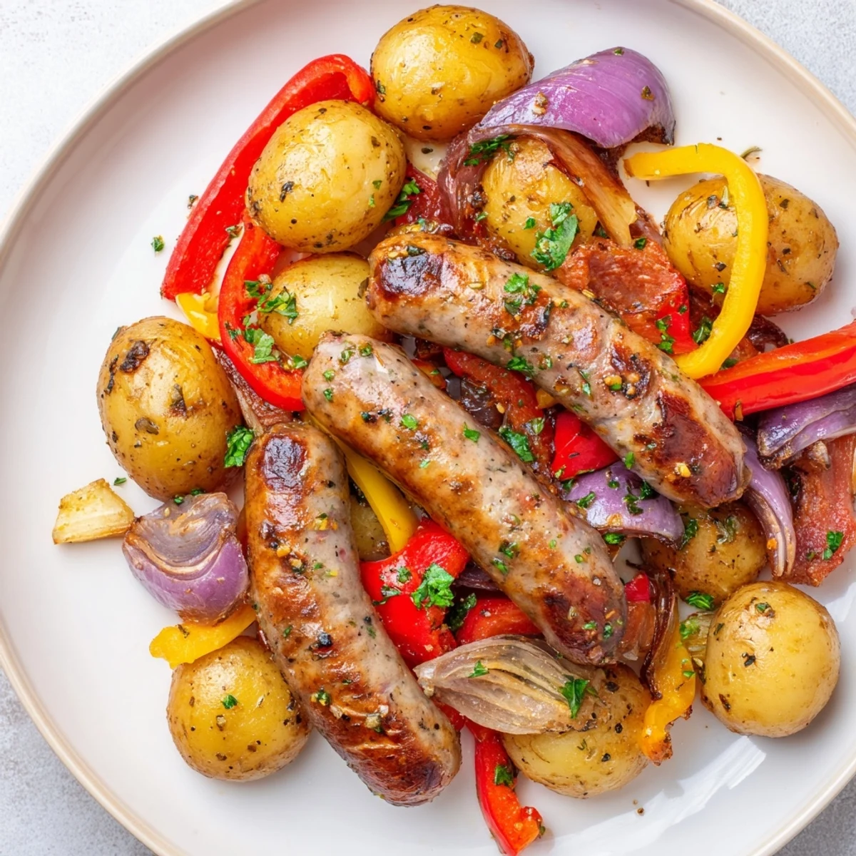 Golden roasted Sheet-Pan Sausage with Peppers, Onions, and Potatoes, a delicious one-pan dinner.