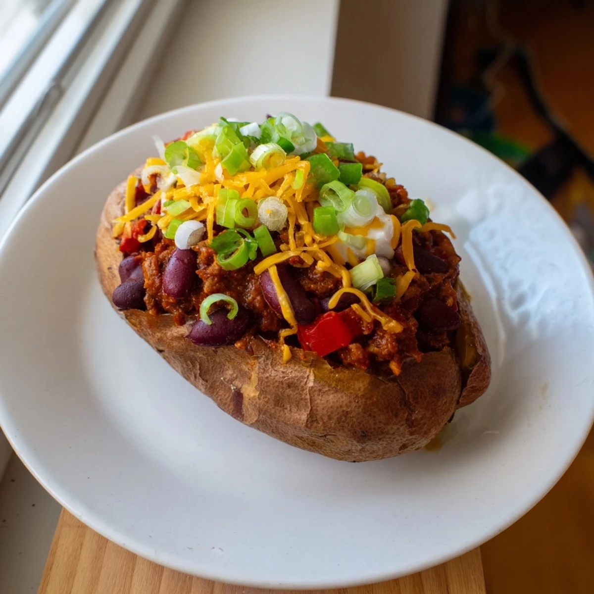 Hearty Chili-Style Baked Potatoes with vibrant toppings offer a delicious, filling, and easily made vegetarian dinner.