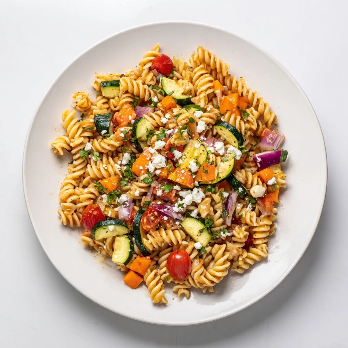 Colorful pasta salad with seasonal veggies, tossed in a simple dressing, ready to eat.