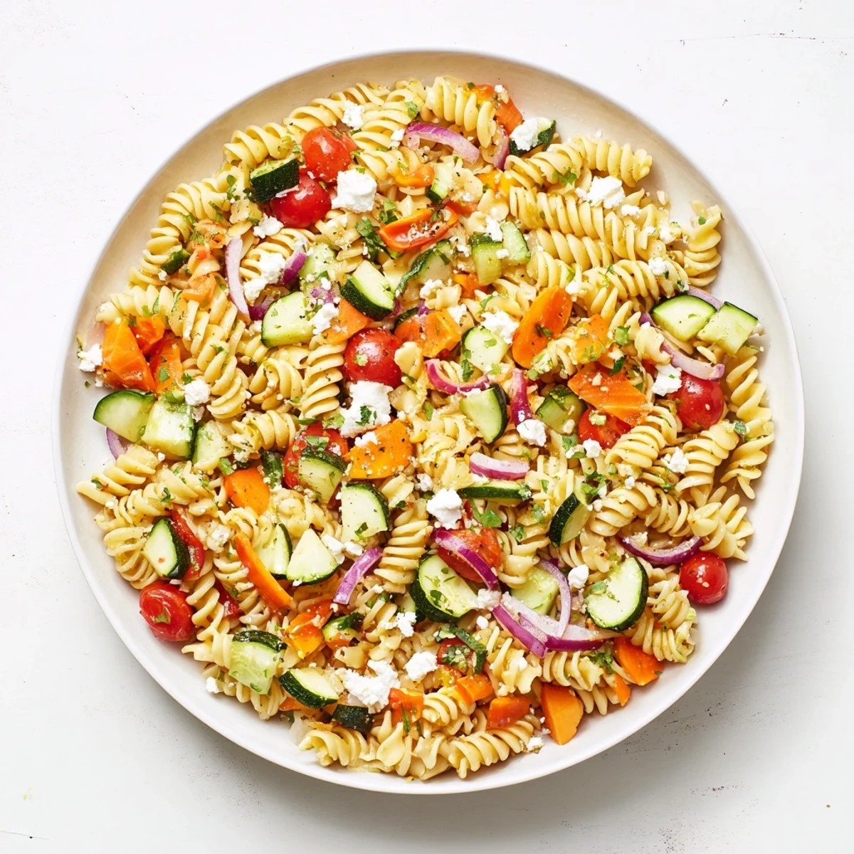 Close-up of pasta salad with colorful produce and herbs, perfect for a picnic spread.